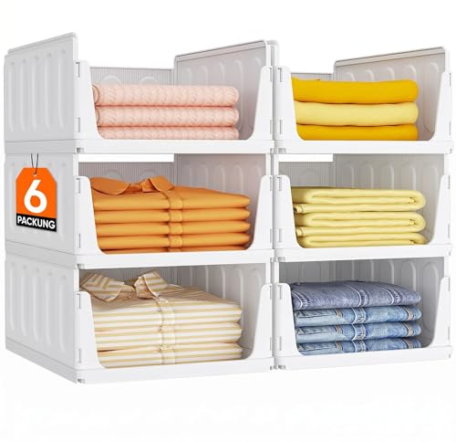 Lifewit Organizador de Armario Ropa, 6 Pack Baldas Apilables Interiores, Cajonera de Almacenaje para Camisetas y Pantalones, Contenedores Extensibles para Baño, Cocina y Camping, 24L, Blanco