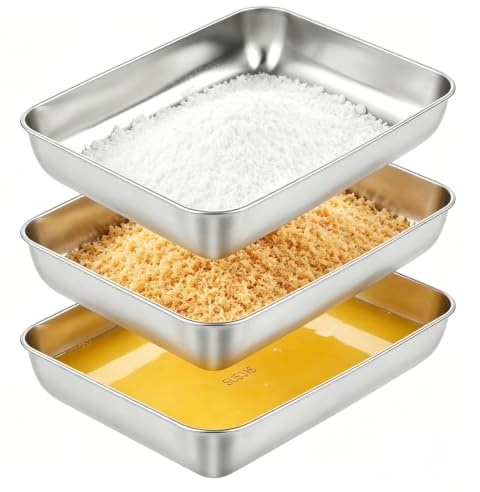 Cozary Breading Bowls Set 3-Piece Stainless Steel, 25 x 20 x 5 cm Breading Set - Rectangular, Stackable, Rustproof, for Breading Road, Baking & Grilling