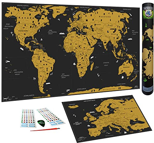 WIDETA Weltkarte zum Rubbeln in Deutsch, XXL (82 x 43 cm)/ Bonus Karte von Europa, Rubbelwerkzeuge und Aufkleber
