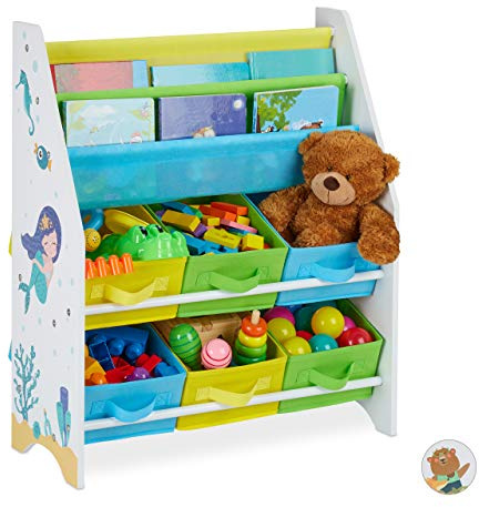 Relaxdays Porta Giochi Bambini, Motivi Marini, 6 Box 2 Scomparti, Scaffale Libreria, HLP 74 x 62 x 31,5 cm, Colorato