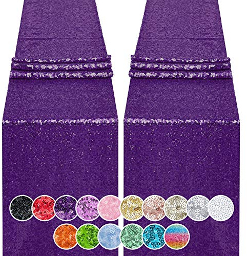 2PCS 12x72 Inch Sequin Table Runner Purple Glitter Table Runner for Party, Wedding, Bridal Baby Shower, Event Decorations（2PCS, 12x72 Inch, Purple）