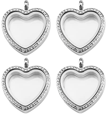 WANDIC Strass-Foto-Anhänger, 4 Stück herzförmiger Kristall-Foto-Anhänger, Brautschmuck, Hochzeitsstrauß, Charms, Erinnerungs-Medaillons für 2 Bilder