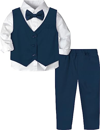 mintgreen Baby Boy Kostym Set, 3st Barn Långärmad T-shirt med Fluga + Väst + Byxor, Storlek: 1–4 år