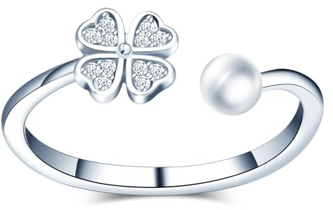 MICMIF Anillos abierto de plata de ley 925 para mujer, con trébol de cuatro hojas y perla, Anillo de la suerte para niña, tamaño ajustable, Anillo de aniversario