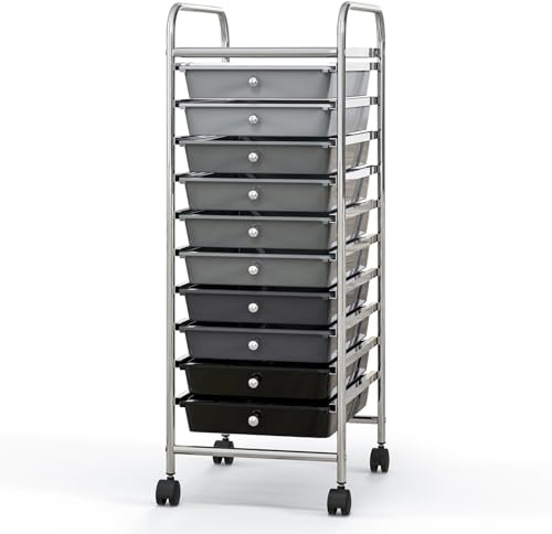 COSTWAY 10 Drawers Storage Trolley, Home Office Stationary Rolling Cart with 4 Wheels, Multipurpose Mobile Organiser Shelving Unit for Makeup Beauty Salon (33 x 38 x 86cm, Gradient Black)