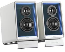 Edifier QR65 Haut-Parleur de Moniteur Design Actif (70 W) avec Effets Lumineux RVB, 3 Ports de Charge Rapide USB TurboGaN et Sortie Caisson de Basses, Blanc