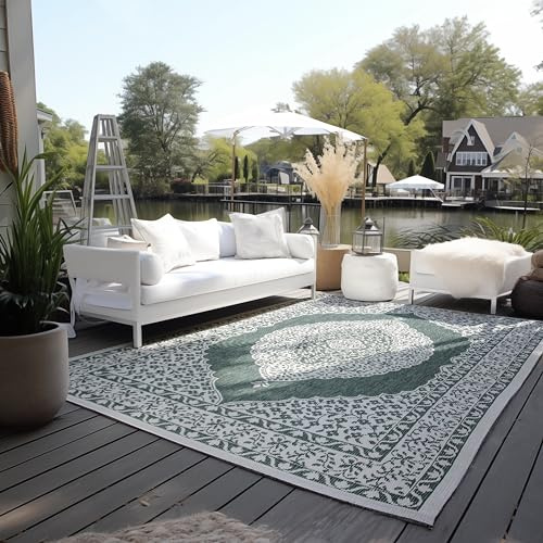 ELLE Decoration In und Outdoor Teppich Orientalisch– Wendeteppich Wetterfest & Wasserfest – Vintage Design Outdoorteppich Orient für Garten, Balkon, Terrasse, Wohnzimmer – Grün, 160x230cm