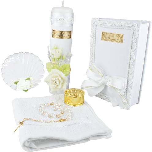 Nuestra Fe Juego de 5 velas de bautismo para niños y niñas, velas para bautizo, vela de bautizo para niño, vela para bautizo de niña, juego de velas católicas para bautizo, Biblia