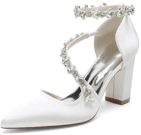 FGRID Scarpe da Sposa Donna con Tacco Alto a Blocchi per la Sposa, Punta Chiusa in Raso Strass Cinturino alla Caviglia décolleté per Feste da Sera Sandali Damigella d'Onore,Bianca,39