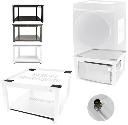 Washer and Dryer Pedestal - 24 W, 16 H, White Steel Universal Fit with Major Brands, Leak-Proof Laundry Pedestal with Drain Pan & Hose, Washer and Dryer Stand for Back Pain Relief, 800 lbs Capacity