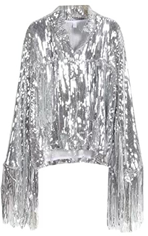 Himllauen Women Casual Sequin Long Sleeve Jackets Solid Colour Open Blazers with Tassels Sexy Clubwear for for Party Night Out Clubs for Summer Autumn