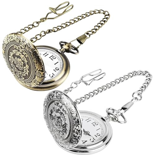 2 Stück Vintage Taschenuhr mit Kette, Retro Quarz, taschenuhren mit Kette Herren und Damen, Taschenuhr für Männer Frauen Vater Opa Geburtstag Jahrestag(Bronze und Silber)