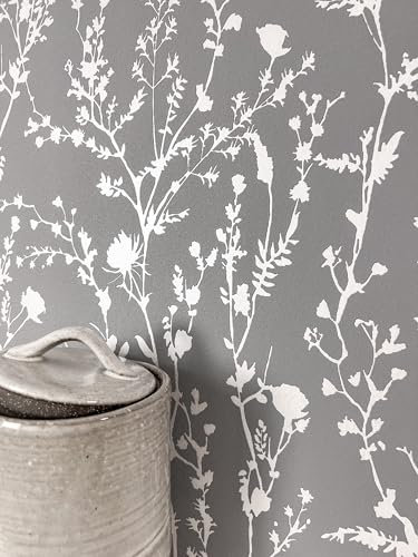 Newroom Tapete Anthrazit Vliestapete Blumen - Blumentapete Modern Silber Blätter Zweige Rosentapete Glamour Vintage Äste inkl. Tapezier-Ratgeber