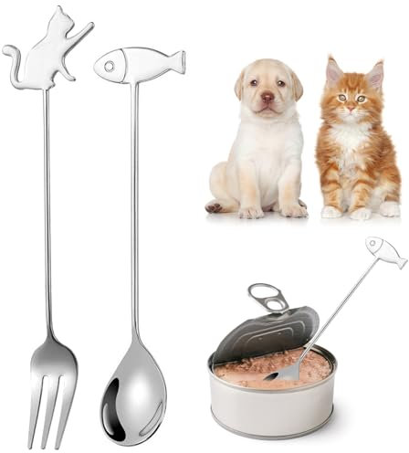 SwirlColor Pet Food Spoon & Fork Set, 2 Pcs Cute Stainless Steel Cat & Fish Feeding Tool for Wet Food