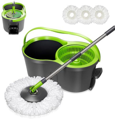 Masthome Balai à Frange et Seau à Pédale, Balai Serpillère Rotatif avec Système d'essorage Intégré, Envoyer 3 Recharge en Microfibre, 9.8L, pour Nettoyage Sols, Gris