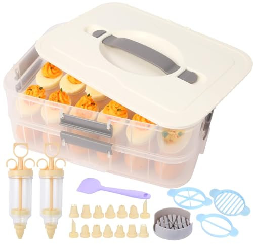 2-Layer Deviled Egg Containers With Lid,36pcs Easter Deviled Egg Tray Carrier with Handl Injector Piping Tool,Portable Stackable Egg Holder Platter Holder Organizer for Refrigerator Party Picnic Event