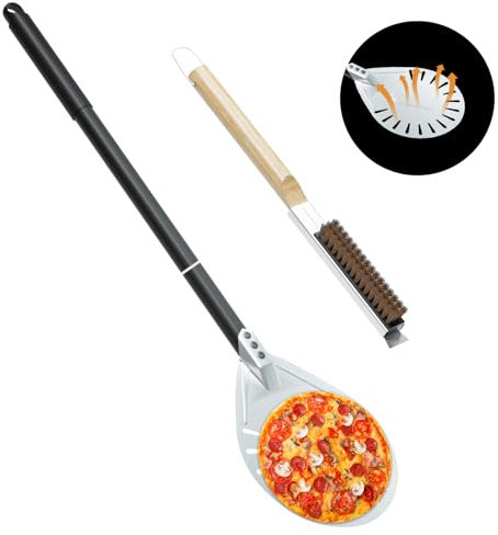 iklestar 9 Inch Pizza Turning Peel with Oven Brush & Stone Scraper, Perforated Long Handle Turner Tool for Homemade Baking Pizza, 2PCS Outdoor Pizza Oven Accessories