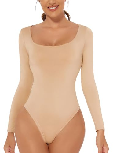 ONEW Body de manga larga y manga corta para mujer, cuello cuadrado, parte superior, básico, cuello cuadrado, camiseta para mujer, #1 Beige Manga Larga, M