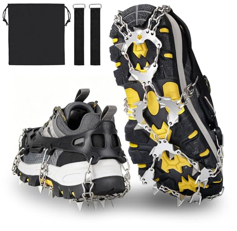 Crampons Ice Cleats Traction,Ice Snow Grips for Boots and Shoes,Anti-slip Ice Shoe Crampons with 32 Stainless Steel Spikes,Ice Snow Spikes for Walking,Hiking,Climbing,Fishing,Mountaineering (Black,XL)