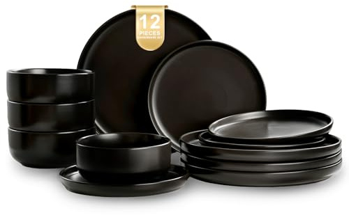 EWFEN Plates and Bowls Sets, 12 Pieces Ceramic Dinnerware Set for 4, Stoneware Dishware Dishes Set, Scratch Resistant Dishes Set, Dishwasher & Microwave Safe, Black