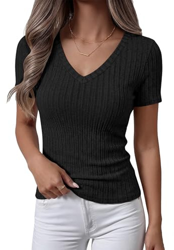 ANRABESS Womens Tops Short Sleeve V Neck Shirts Slim Fit Ribbed Knit Shirt 2026 Summer Dressy Casual Lightweight Sweaters Black Large