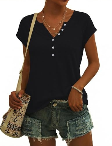 Demegimi Tee Shirt Femme Col V Boutonne Manches Courtes Haut Femme Ete S-XXL