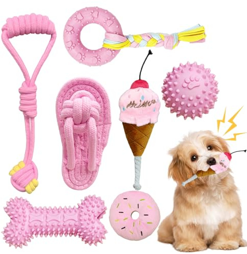 WROYGVY Hundespielzeug Kleine Hunde,7 Stück Rosa Hunde Quietschspielzeug, Kauspielzeug für Welpen, Seilspielzeug-Set für Welpen, geeignet für kleine und mittelgroße Hunde.