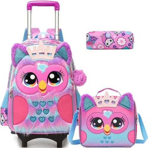 HTgroce Zaino con Ruote per Bambina Gufo, Trolley Scuola Staccabile (Uso 2 in 1), Set Completo con Borsa Porta Pranzo, Ideale Regalo per il Rientro a Scuola (Elementari)