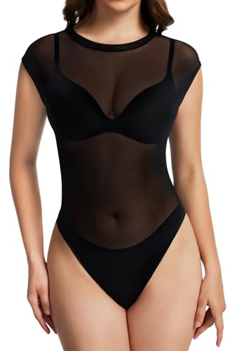 Kiiwah Body Transparente Mujer, Sexy Chaleco Camiseta Negro Sexy Malla Top con Cierre de Presión Malla Cuello Redondo Sin Mangas Top Transparente Fiesta Sheer Clubwear Casual T-Shirt Pullover