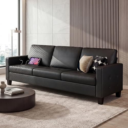 STHOUYN 73” Black Faux Leather Couch, Modern Comfy Office 3 Seater Sofa Couch with Tufted Armrest and USB, Small Love Seat Couches for Living Room, Apartment, Bedroom