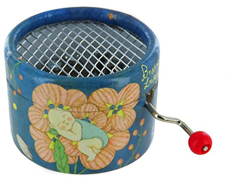 Runde Spieluhr/Spieldose/Musikdose aus Pappe mit Handkurbel und 18-Ton-Spielwerk - Thema: Wiegenlied - Wiegenlied - Guten Abend, gut’ Nacht (Johannes Brahms)