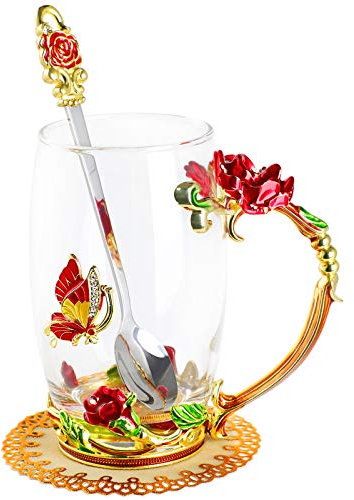 WD&CD Rose Butterfly Glass Tea Coffee Cups Mugs with Spoon and Coaster, Gifts for Her Girlfriend Wife Mum Women on Christmas Valentine's Day Mother's Day Anniversary, Red Tall