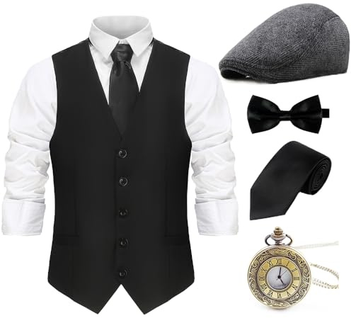 Gionforsy Costume da gangster anni '20, set di accessori per costume da gangster, cappello e papillon, nero, Small