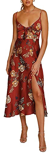 Fashionme Women Spaghetti Strap Midi Satin Dresses Tie Front Backless Slit Cutout Dress Semi-Formal/Casual Flowy Lightweight Sundresses Slit Semi-Formal/Casual Wedding Guest Beach Cocktail Maroon