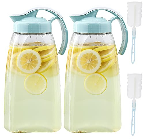 Frcctre 2 Pack Plastic Water Pitcher with Lid, 74 Oz Clear Airtight Beverage Pitcher Juice Container Water Carafe Fridge Jug for Juice, Coffee, Iced Tea, Lemonade, Heat Resistant & Shatter-proof