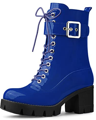 Allegra K Women's Zip Platform Chunky Heel Combat Boots Blue 5 UK/Label Size 7 US