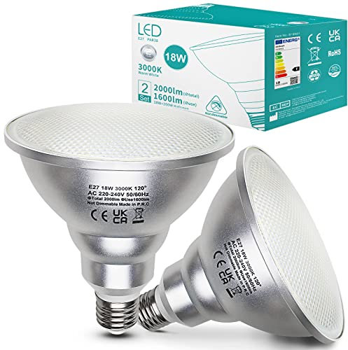 Unikcst Lote de 2 bombillas LED 18W E27 Par38 Blanco Cálido 3000K Reflector Spot Flood, Reemplaza una bombilla halógena de 180W, Ángulo de Haz 120 grados, No Regulable