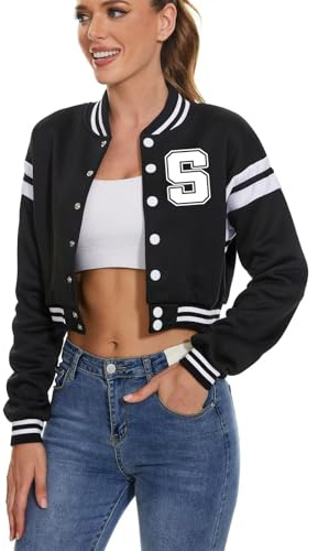 Women's Baseball Varsity Jacket Vintage Crop Top Letter Print College Letterman Coat Bomber Jackets