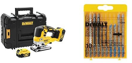 DEWALT - Scie Sauteuse à Poignée Supérieure Brushless XR 18V 5 Ah - DCS334P2-QW - Scie sans Fil avec Coffret TSTAK & DT2294-QZ Lame de Scie Set 10pcs, Argent