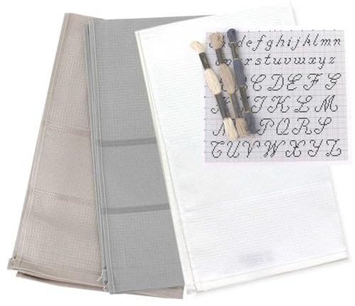 hobbymio.it 3 Stück Küchentücher zum Besticken mit Kreuzstich mit 3 Garnknädeln und Stickmuster, Set mit 3 Geschirrtüchern mit Aida-Stoff + 3 Garnknäuel + 1 Alphabetmuster (Mix 3)