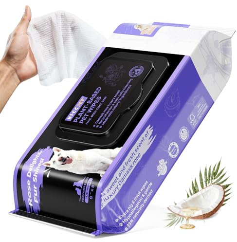 HICC PET Cleaning Deodorizing Wipes for Dogs & Cats, Vet Recommended Nourishes Smoothes Fur Pet Grooming Wipes with Fermented Coconut Oil (100 Counts (Thicken), Rose)