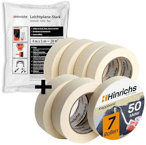 Hinrichs 7x Kreppband & 8x Abdeckfolie - Abklebeband 6 Rollen 50m x 30mm + 1 Rolle 50m x 20mm -Je Malerfolie 4x5m für insgesamt 160qm - Maler Klebeband & Abdeckplane zum Streichen und Lackieren