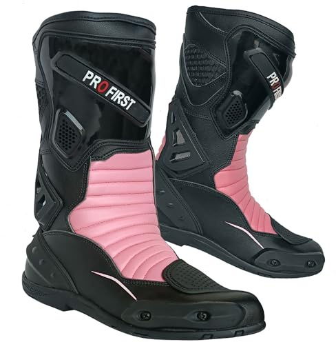 PROFIRST Damen Motorradreitstiefel - Wasserabweisende Echtleder Tourenstiefel mit Schienbein- & Fersenschutz, Anti-Rutsch-Sohle und YKK-Reißverschluss, Pink, 35 EU