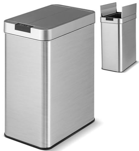 COSTWAY 50L Automatic Kitchen Bin, Touchless Infrared Motion Sensor Waste Bin with Soft Closure Butterfly Lid, Anti-Fingerprint Stainless Steel Smart Garbage Trash Can for Home Office (Silver)