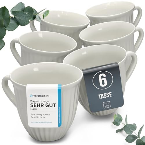 Steingut Kaffeetassen 6 Personen Hygge TESTSIEGER, Traumhaftes Skandinavisches Steingut Tassen Set, Stylisches Tee- und Kaffeebecher Set, Pure Living in Beige