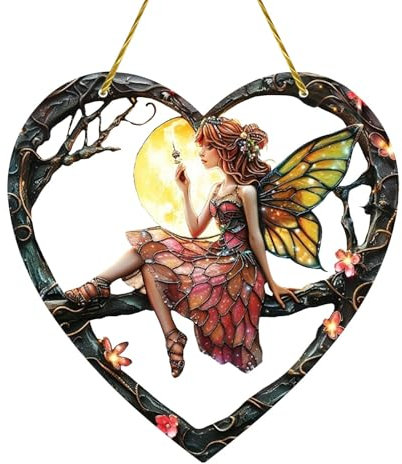 Manualidad de hada atrapasol,Hada atrapasol | Decoración de ventana de acrílico manchado | Decoración colgante de ventana de hadas en forma de corazón, decoración de jardín atrapasol para decoración d