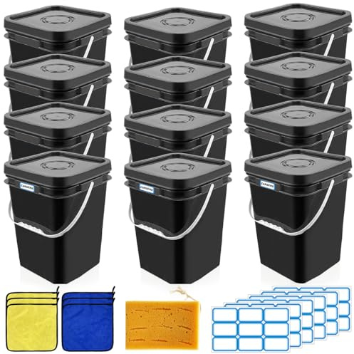 12 Pcs 5 Gallon Paint Bucket with Lid,Thickened Square Plastic Bucket Food Storage Container Industrial Buckets (with DIY Label Sticker Towel and Brush) for Paint Storage Barrels Garage Garden
