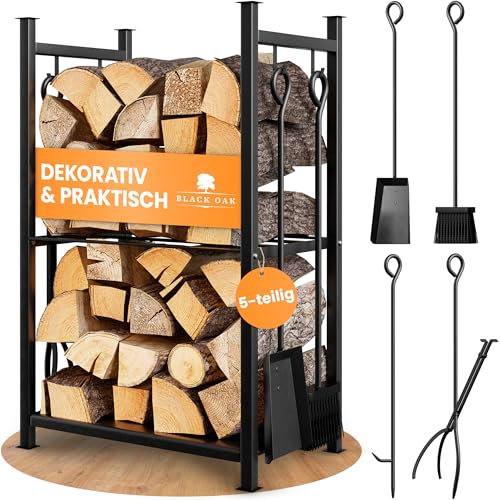 BLACK OAK Antero Support pour bois de cheminée en acier noir 72 x 46 x 30 cm 5 pièces 2 niveaux Serviteur de cheminée 4 pièces balayette, pelle, tisonnier + étagère Accessoires de cheminée résistant