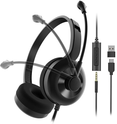 KAMLO Auriculares con Cable con micrófono para el Trabajo, Auriculares sobre la Oreja con opción de Silencio y Controles en línea, compatibilidad multiplataforma para reuniones de Video, Chat por