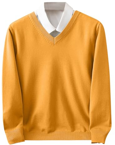 Jersey de punto con cuello en V para hombre – Moda monocromática manga larga – Otoño Invierno Suéter de punto fino, amarillo, XL